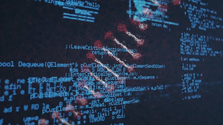Animation of dna chain over data processing in blue and black space