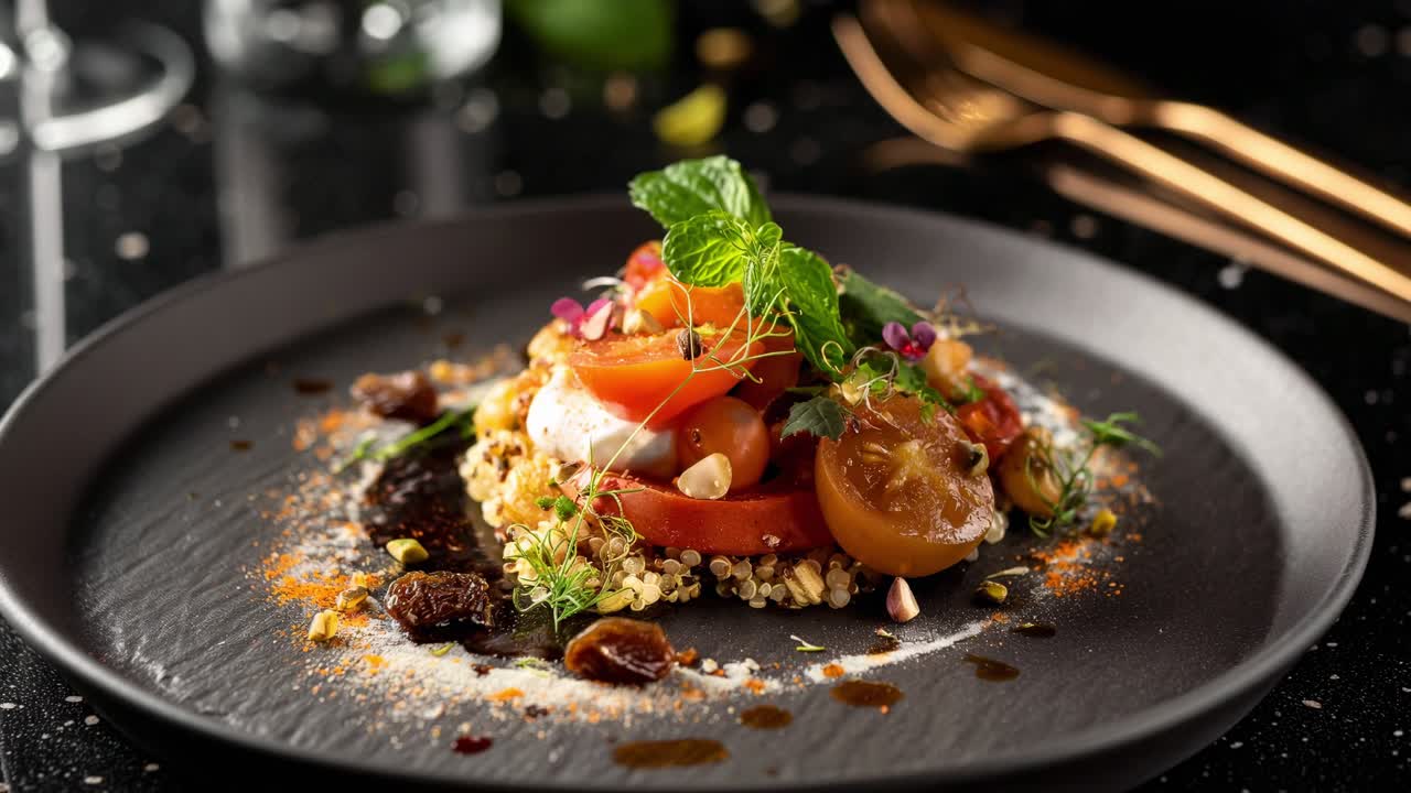 Sliced tomatoes and quinoa, garnished with fresh herbs and a dollop of cream, are elegantly presented on a textured plate, showcasing culinary artistry and gourmet cuisine