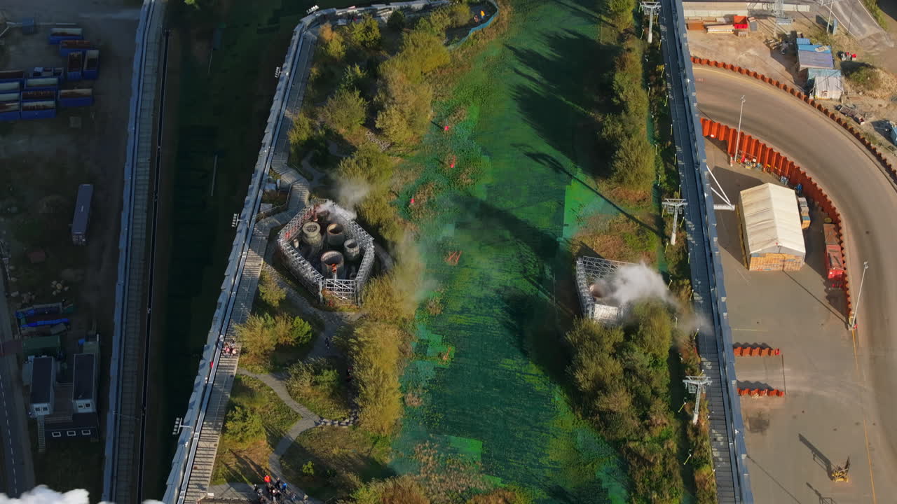 Aerial drone view of CopenHill artificial ski slope on the roof of an energy plant
