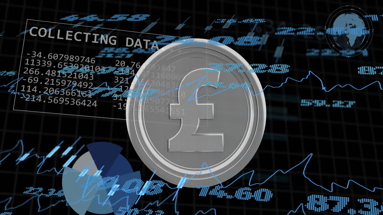 Animazione di elaborazione di dati finanziari su moneta di sterlina britannica