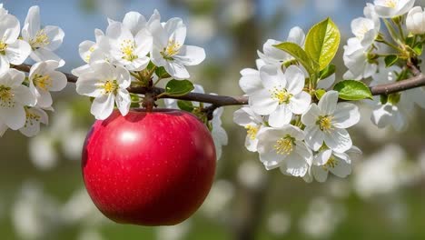 a vibrant red apple hanging among delicate white blossoms, capturing the beauty of spring and the transition of nature in a picturesque orchard setting