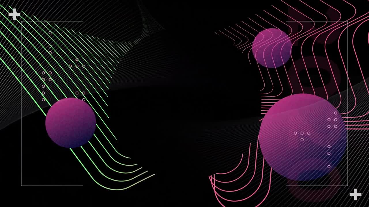 Animation of green and pink curved lines, with purple spheres moving on black background