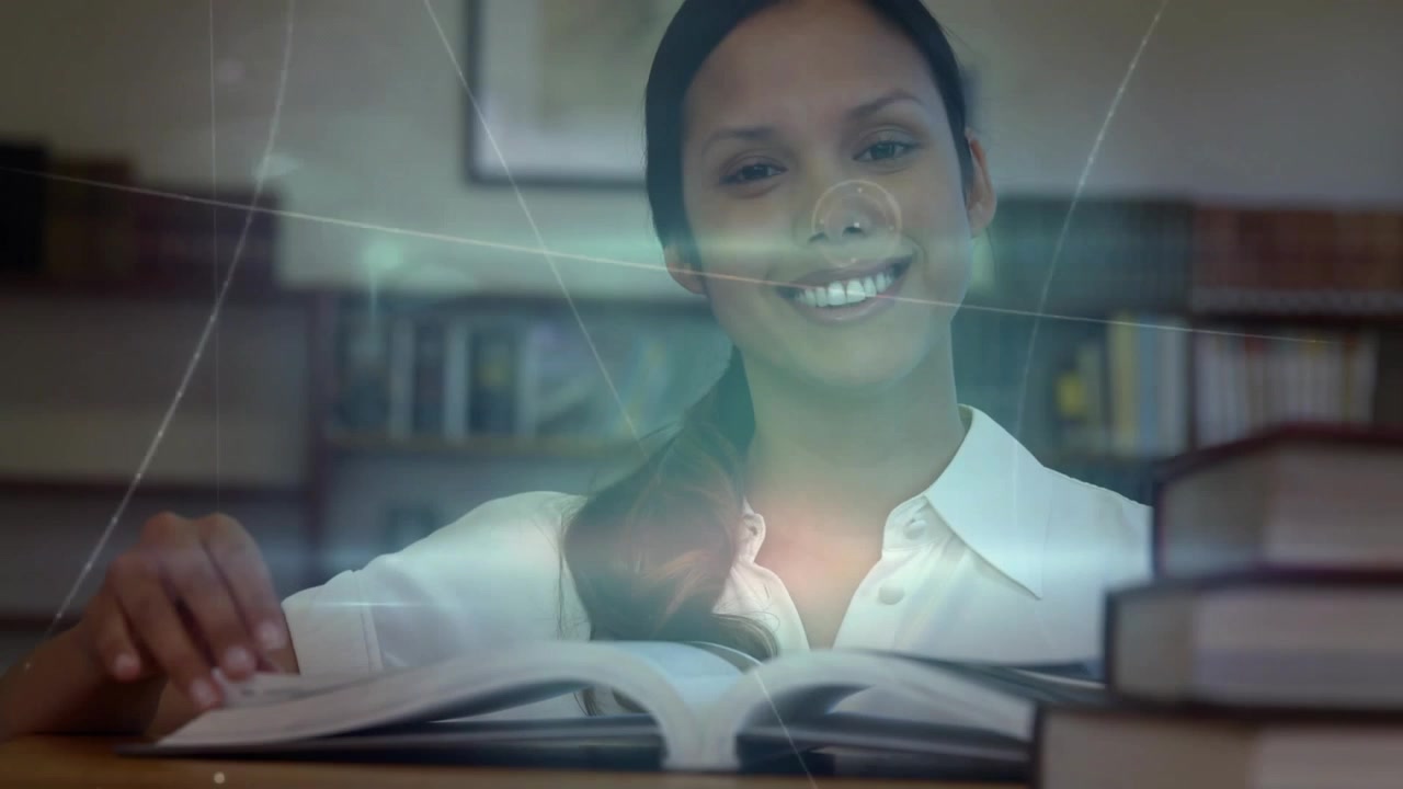 Researcher placing book and reading in library, with data graphics highlighting study then smiling