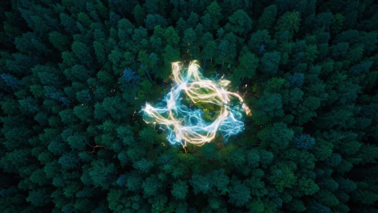 Abstract Patterns of Colorful Light Intertwined Above Dense Forest, Showcasing the Beauty of Nature and Artistry in Harmony, Together Creating a Unique Aerial Perspective
