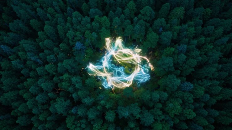 Abstract Patterns of Colorful Light Intertwined Above Dense Forest, Showcasing the Beauty of Nature and Artistry in Harmony, Together Creating a Unique Aerial Perspective