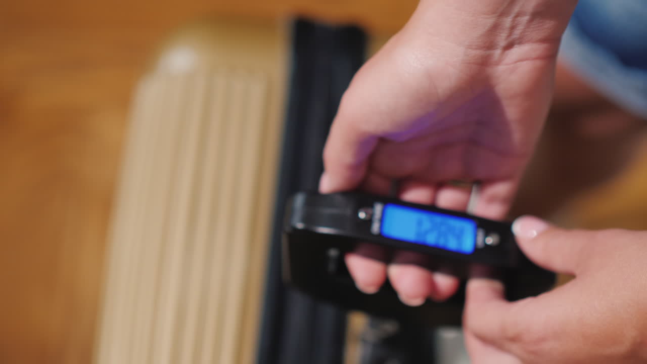 남자는 비행기로 여행하기 전에 그의 가방 무게