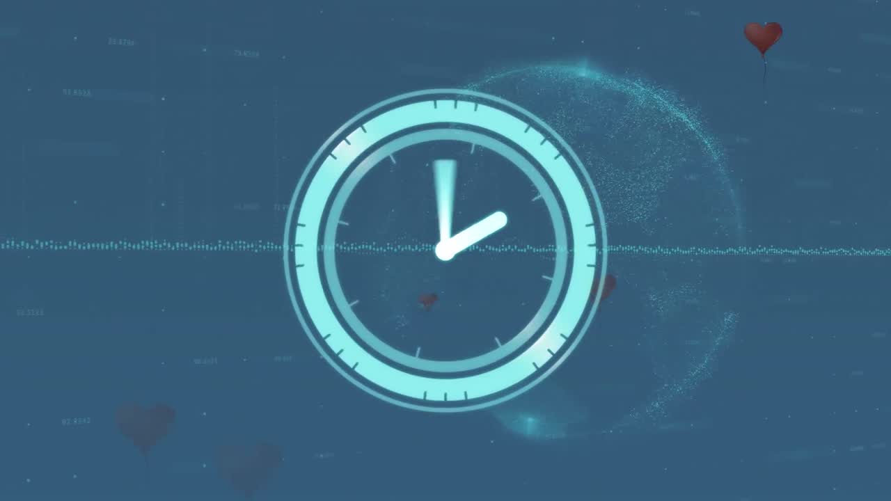 Animation of clock over falling red hearts and globe with glowing networks on blue