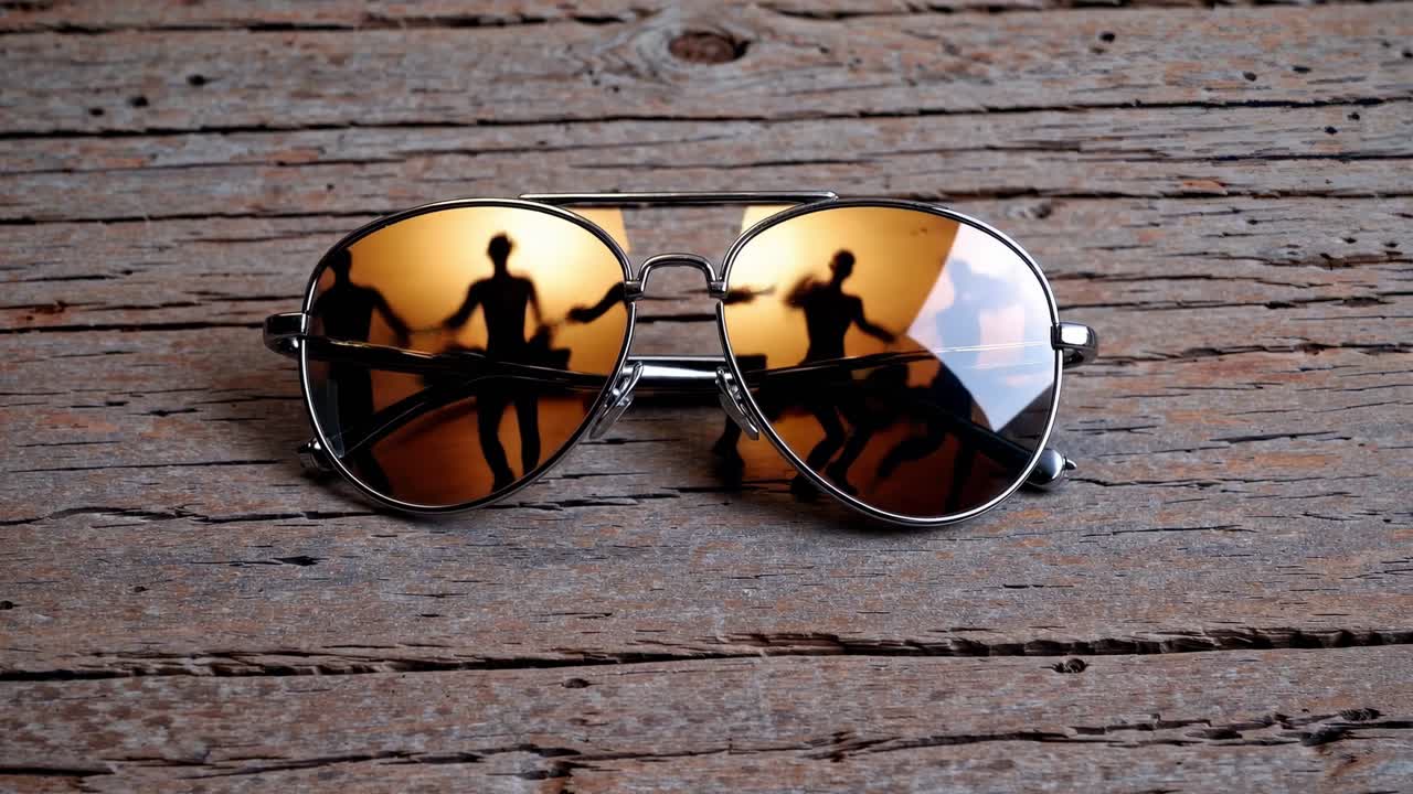 Aviator sunglasses reflecting the graceful silhouettes of ballet dancers performing on a polished wooden surface, creating an evocative and artistic visual experience