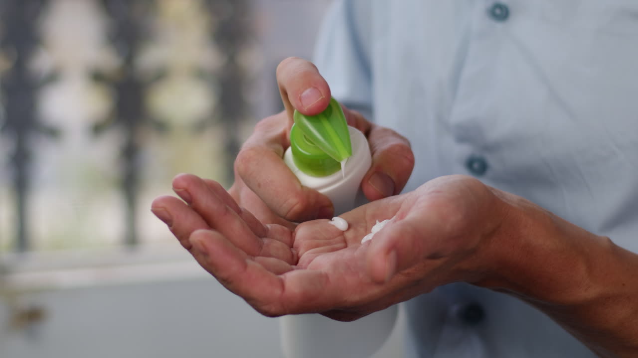 Young man squeezing a white moisturizer from a tube on his hand close-up. Morning routine. Beauty and care concept.