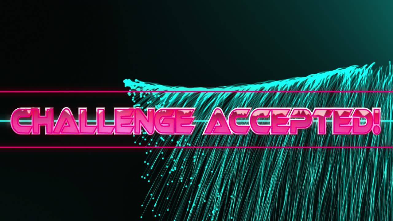 네온 선과 빛의 흔적 배경 위에 도전 받아들여진 텍스트의 애니메이션