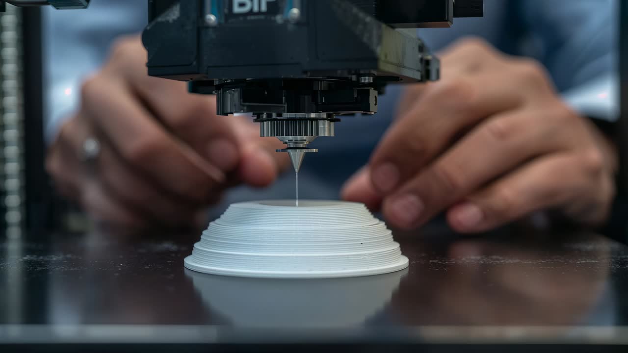 Tech starting nozzle extruding bead onto stepped dome on bench, hands in sleeves forming layers