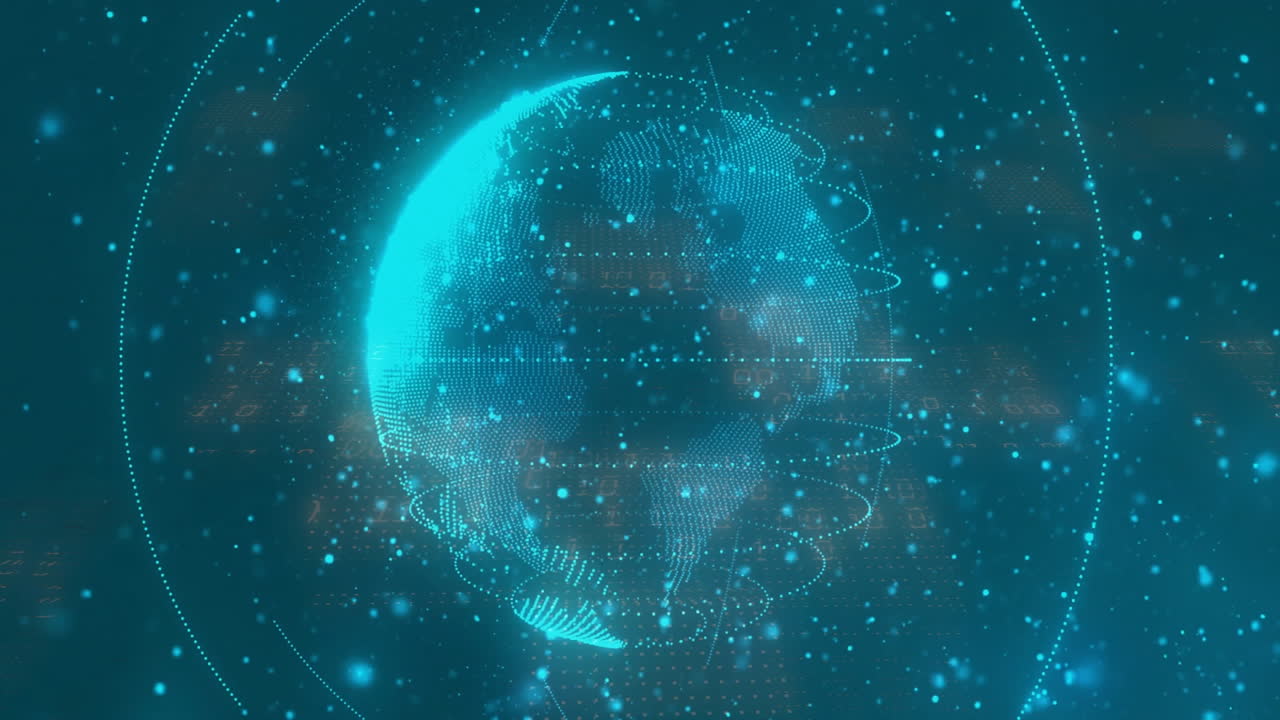 Rotating digital globe with data points and connections animation