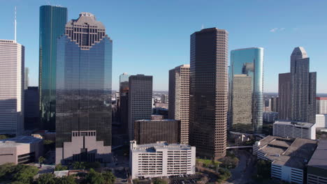 downtown houston, texas usa, aerial view of central business district towers and skyscrapers