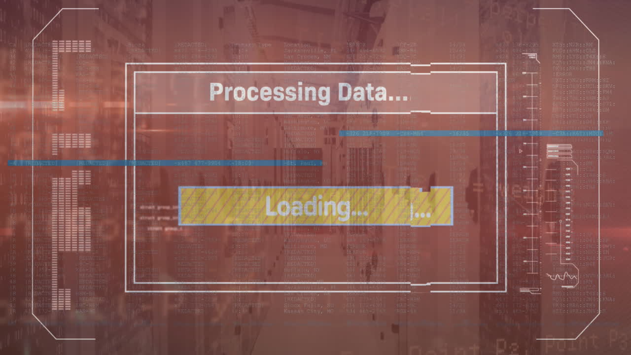 Animation of text, loading bars and computer language over data server room