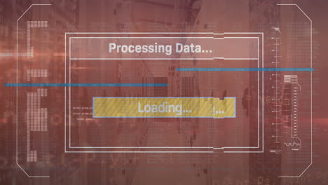 Animation-of-text,-loading-bars-and-computer-language-over-data-server-room