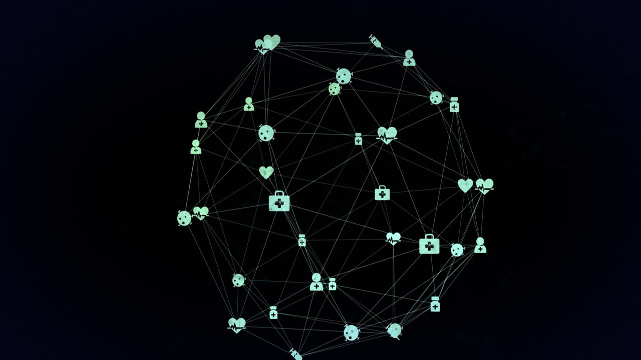 Animazione di un globo di connessioni con icone su sfondo nero.