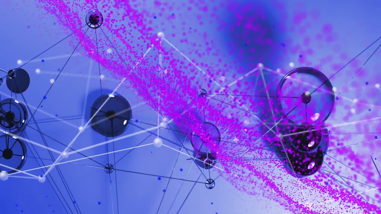 animación de conexiones de red y puntos de datos sobre el fondo de partículas púrpuras