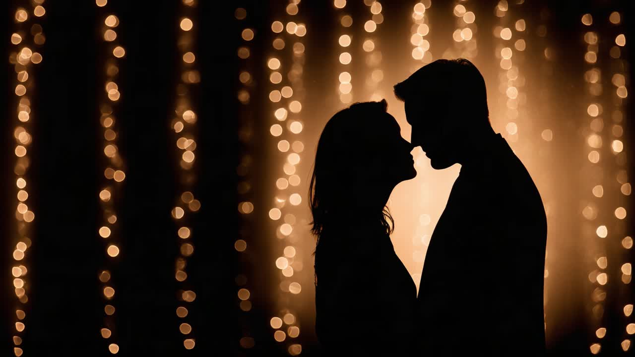 A Romantic Silhouette Moment: A Couple Embracing Under Soft Glowing Lights, Captivating the Essence of Love and Connection in a Cherished Atmosphere