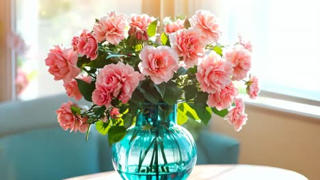 a vase filled with pink flowers sitting on top of a table