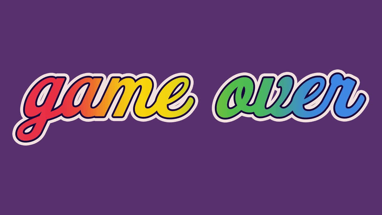 Digital animation of multicolored game over text against wavy yellow lines on purple background