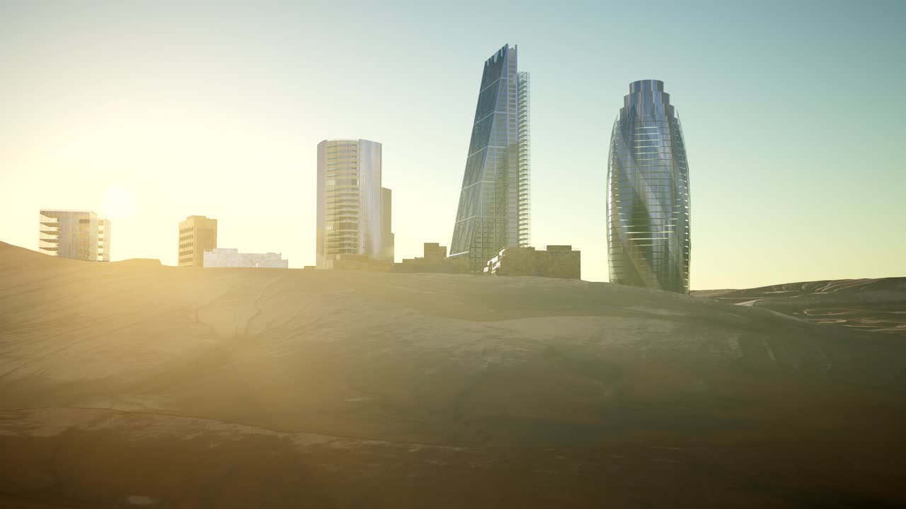 rascacielos de la ciudad en el desierto al atardecer