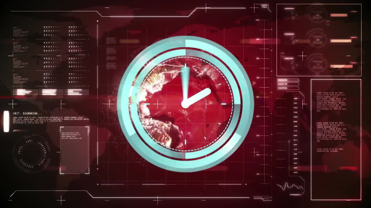 animación de escaneo de alcance con reloj sobre el procesamiento de datos sobre fondo rojo