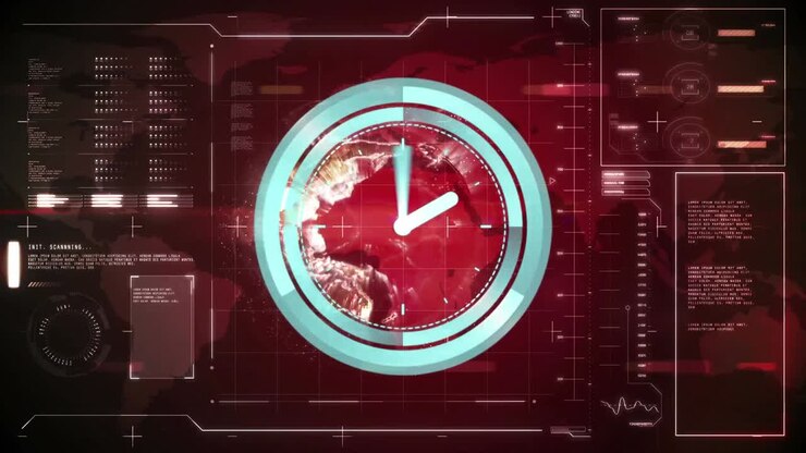 Animation of scope scanning with clock over data processing on red background