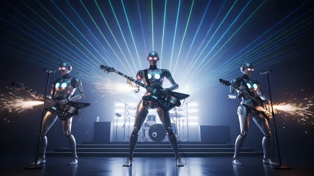 Futuristic Robot Band Performing with Laser Light Show, Dynamic Sparking Guitar Solos and High-Energy Ambience Creating an Electrifying Concert Experience