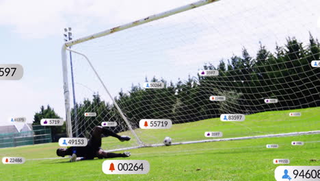 animation of digital data processing over african american football goal keeper on field