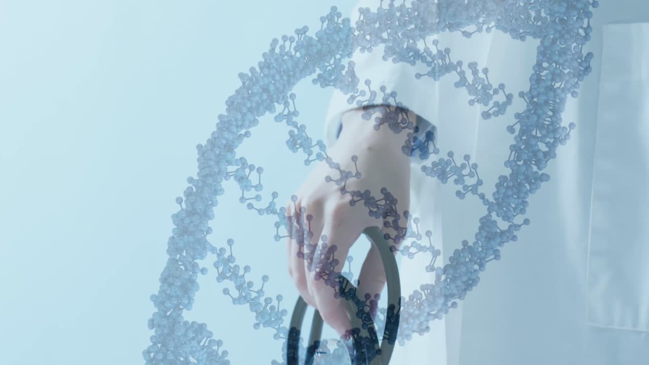 스테토스코프를 들고 있는 백인 의사 위에 있는 dna 가닥의 애니메이션