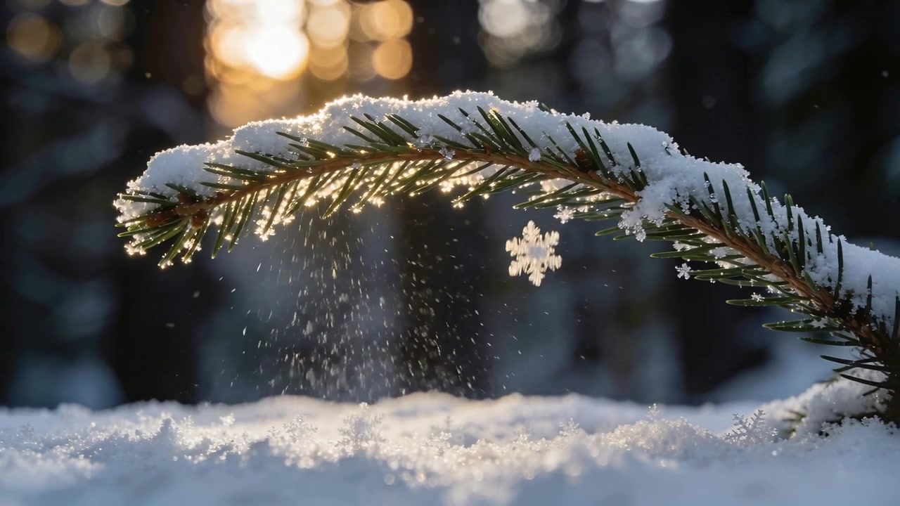 Mild bris som løsner nysnø fra en eviggrønn gren i skogen, og sender av gårde et sekstakket snøfnugg