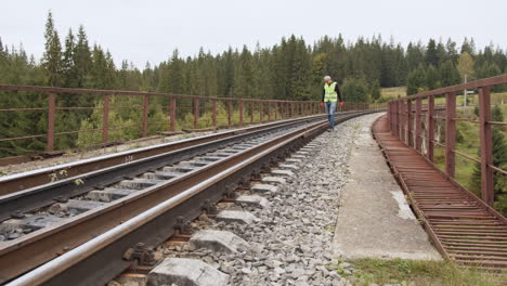 hombre caminando por las vías del ferrocarril sobre un puente en un bosque