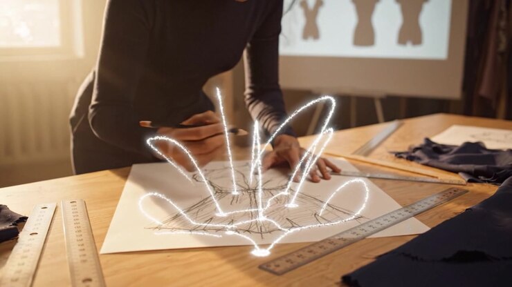 Fashion Designer Creating Elegant Dress Sketches with Precision and Detail, Capturing the Artistry and Passion Behind Textile Design and Creative Expression