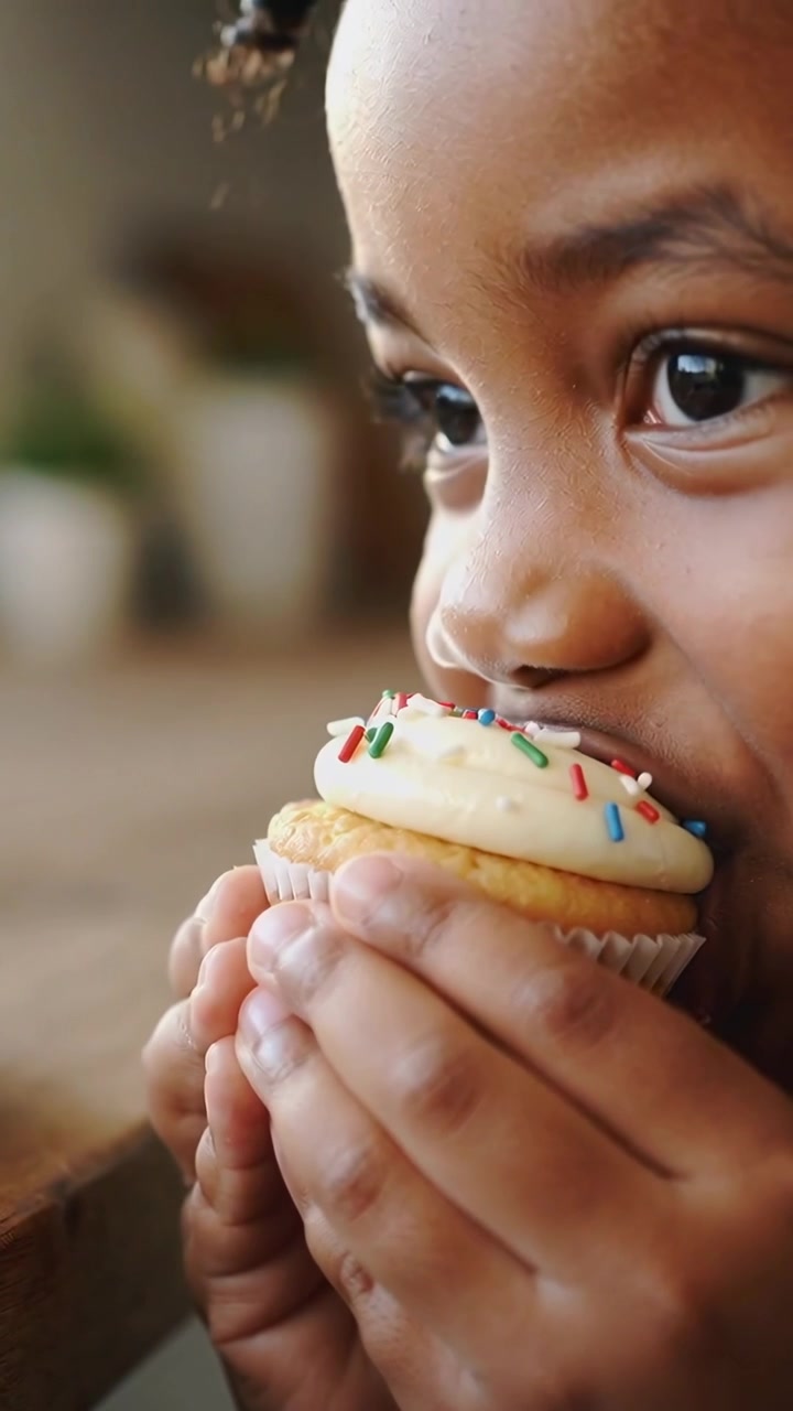 Vertical video: Seeing cupcake braided child bringing it to lips tasting icing home table