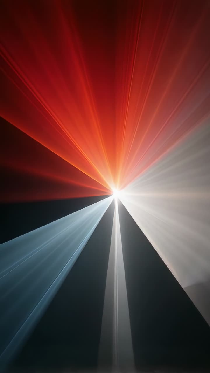 Vertical video: Cueing flare sending red white blue beams with haze on dark stage base for show