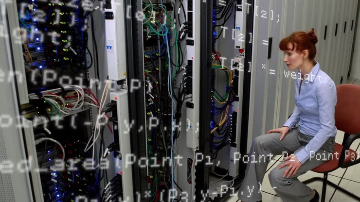 Animation of data processing over caucasian woman in server room