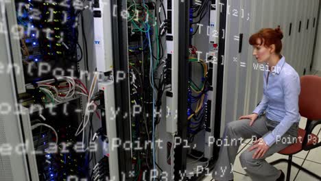 Animation-of-data-processing-over-caucasian-woman-in-server-room