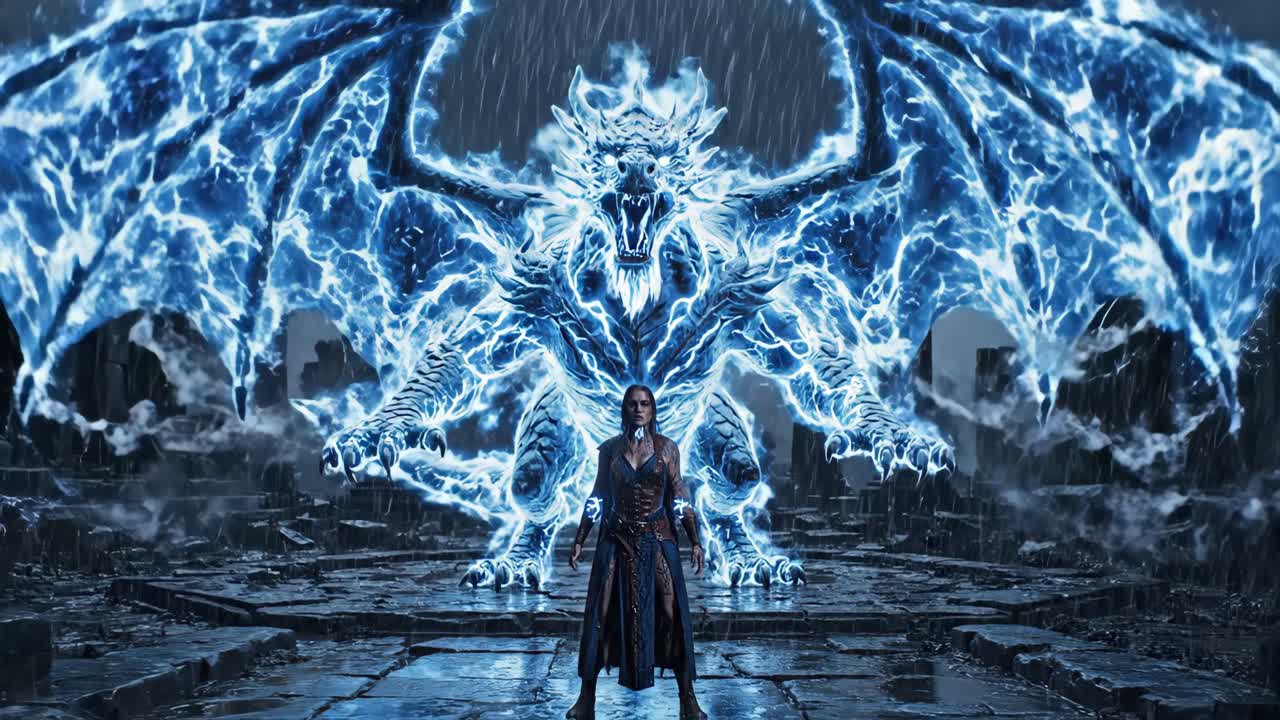 A Powerful Sorceress Summoning a Lightning Dragon
