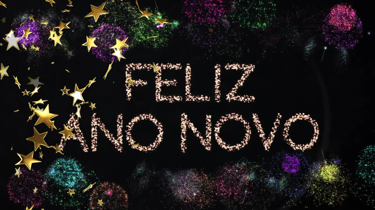 FELIZ ANO NOVO text with fireworks and stars animation on dark background
