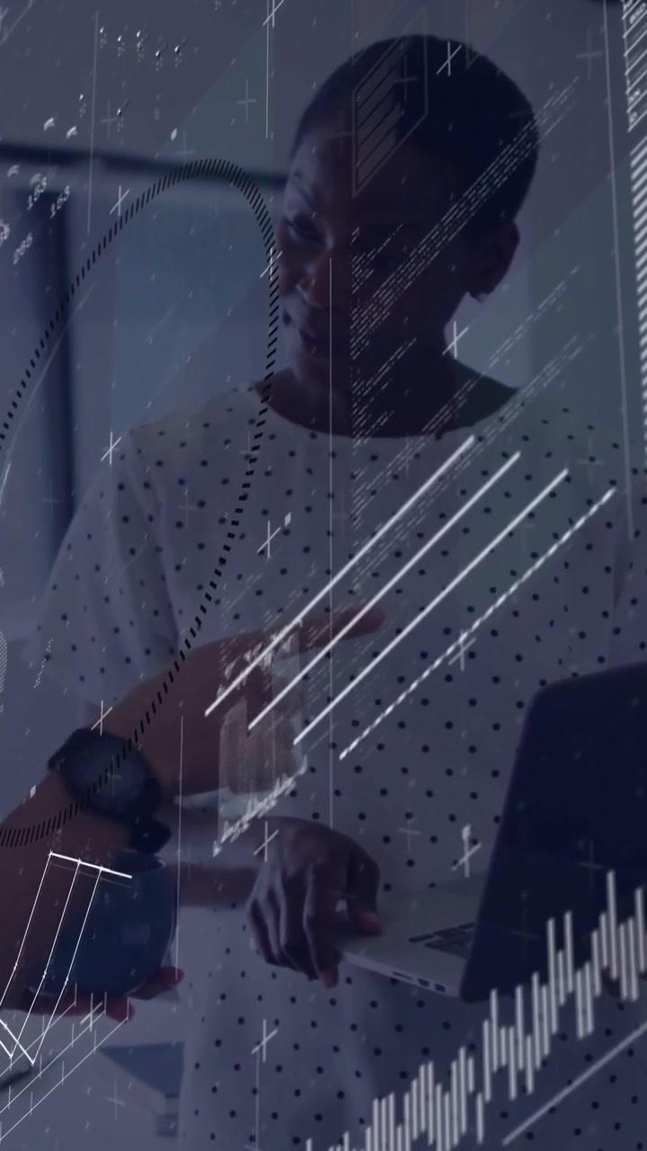 Vertical video: Laptop woman after phone hold typing and pointing clarifying tech charts overlaying