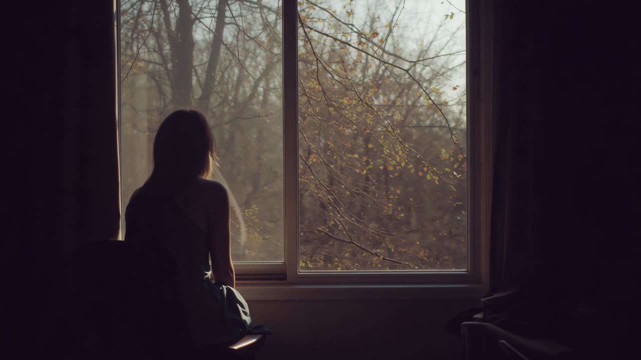 Kobieta bez rękawów siedzi na krześle przy oknie i patrzy na drzewa, a miękkie światło się zmienia