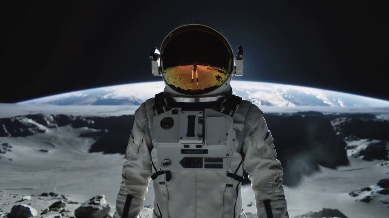 Stående astronaut i romdrakt holder blått verktøy på måneoverflaten, lysglimt forårsaker gjenskinn i visiret.