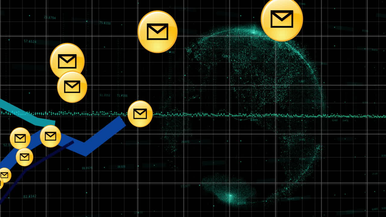 Animation of email icons, blue lines and financial data processing over globe