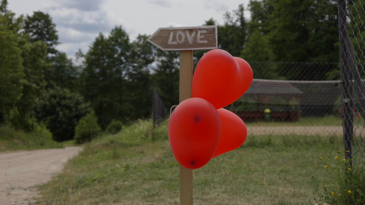 Red heart-shaped balloons hanging on a signpost with the word "love" written on it
