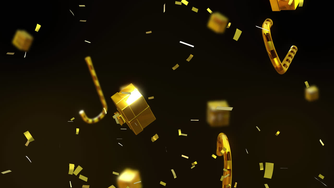 animación de confeti sobre decoraciones navideñas en fondo negro