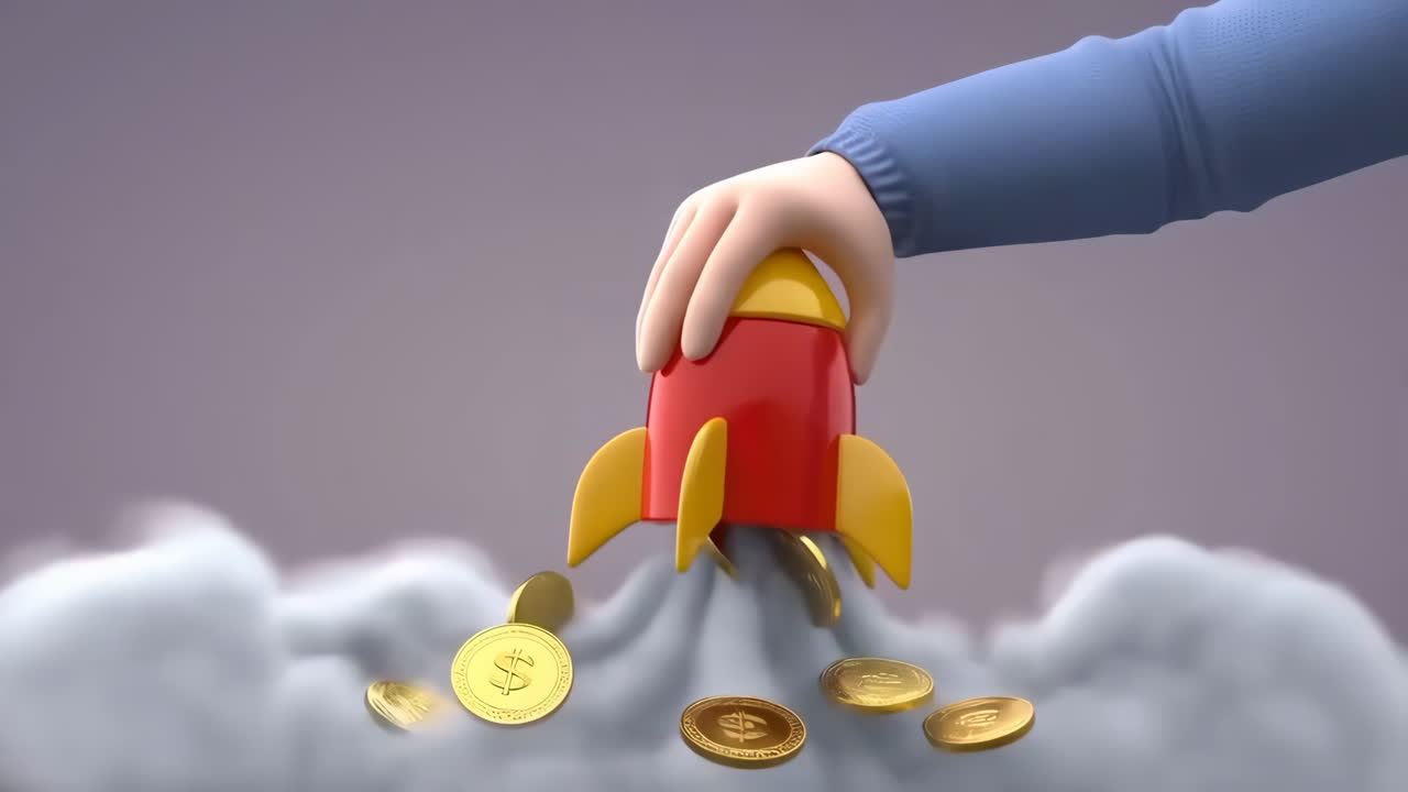 Cartoon Rocket Launching with Falling Golden Coins