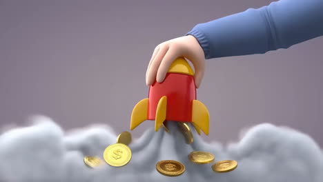 cartoon rocket launching with falling golden coins