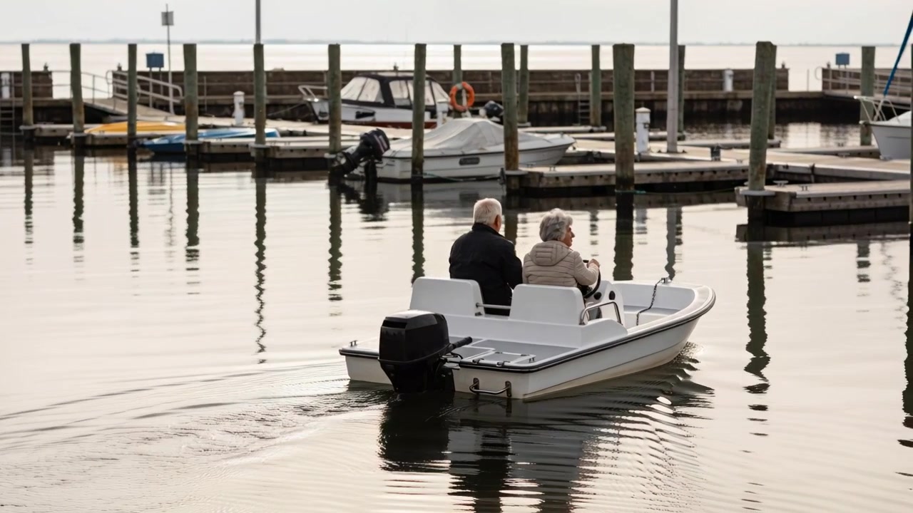 Coppia anziana che fa retromarcia e guida una barca bianca al porto turistico, con il motore fuoribordo che si avvia, dirigendosi fuori per svago.