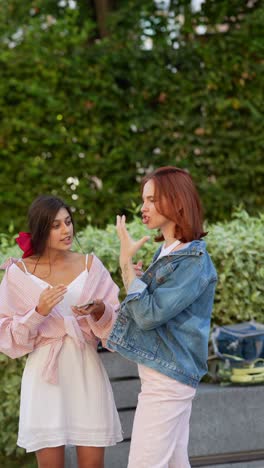 two women talking outdoors