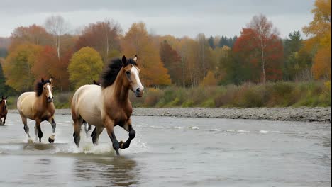 two wild horses running through a river in autumn.